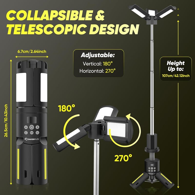 SakerPlus Portable Camping Lights with Stand, 5000LM Rechargeable LED Flashlight, 9 Color Modes, Collapsible Camping Lantern Tent Light with Magnetic Base for Power Outages, Camping & Emergency(Black) - Image 4